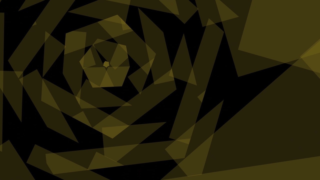 Abstract geometric composition with angular polygonal shapes in dark olive green and black tones forming spiral-like patterns.