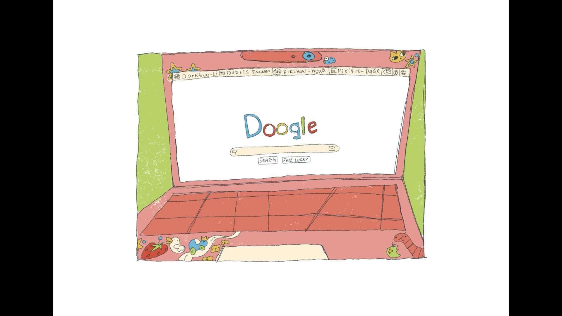 Still image from Parrots-Eat-Em-All showing illustrated pink laptop and 'Doogle' homepage.