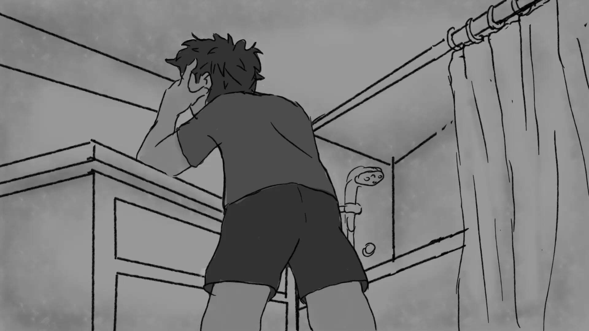 Monochrome illustration showing person with messy hair standing on stool in bathroom, hand to head.