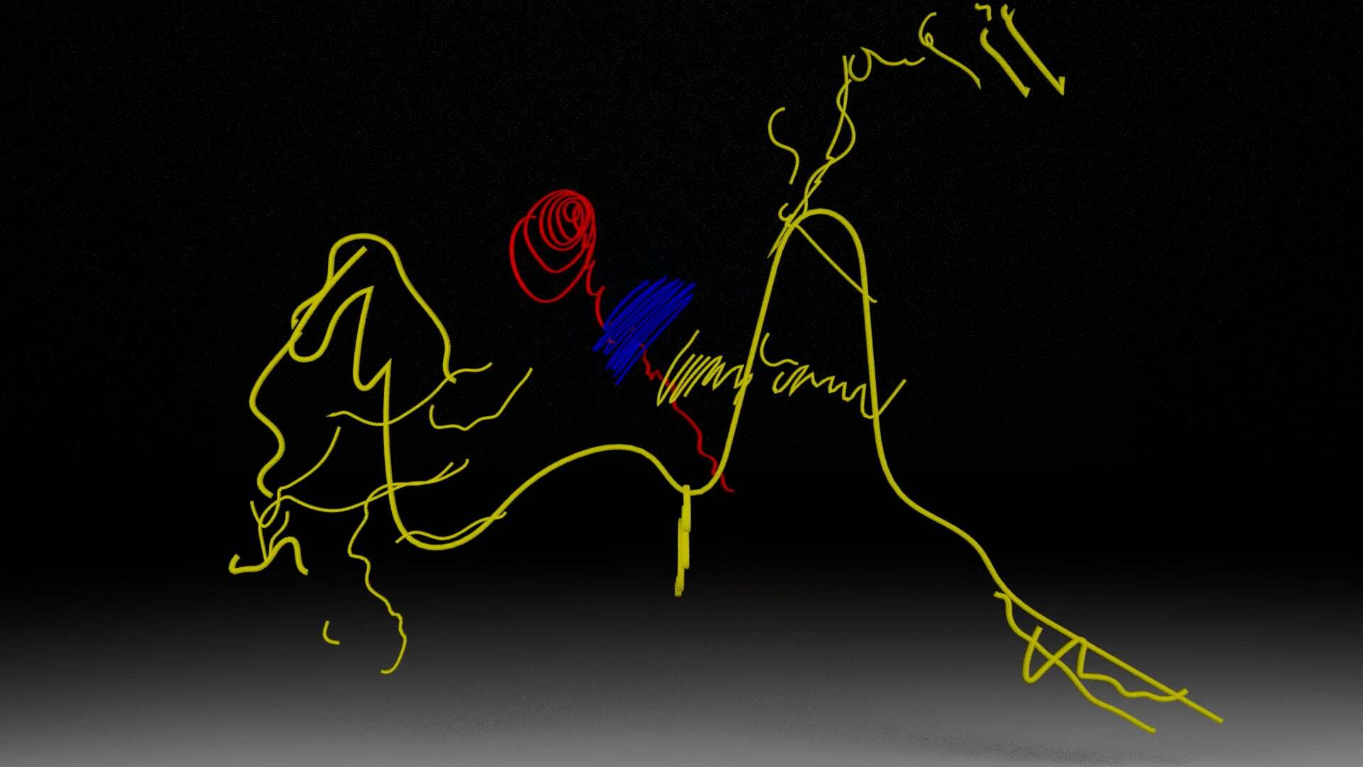 Yellow line drawing of reclining figure on black background with red circular shape at head area and blue rectangular form on torso.
