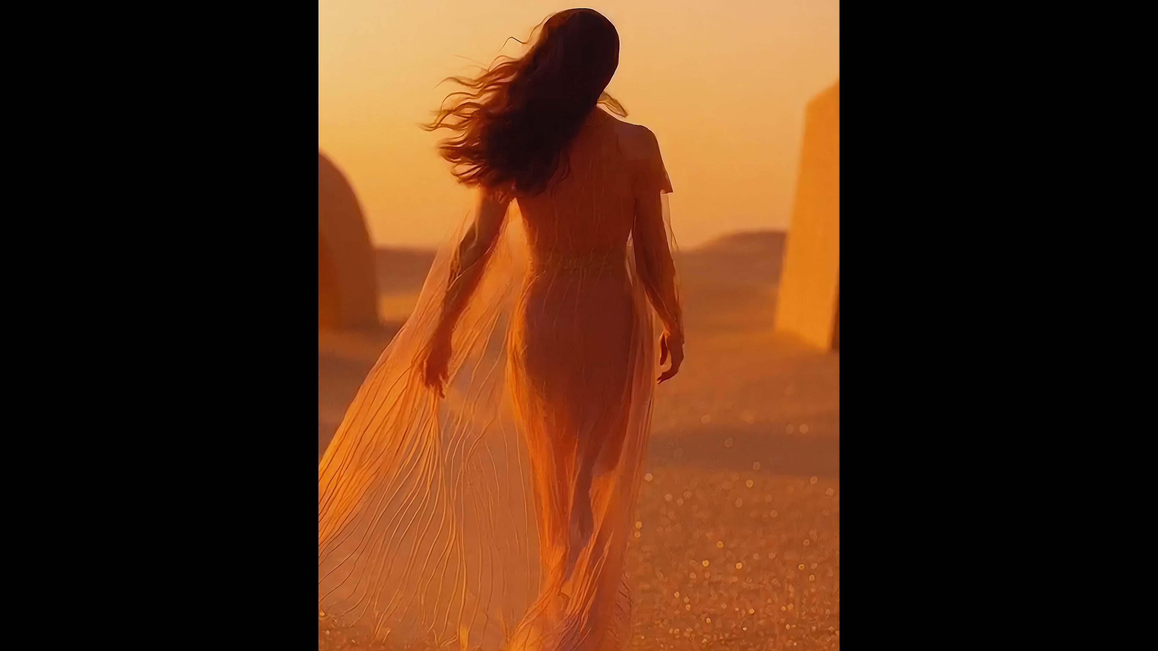 Silhouette of woman with flowing hair walking on sandy terrain, bathed in warm orange and golden light with mountainous backdrop.