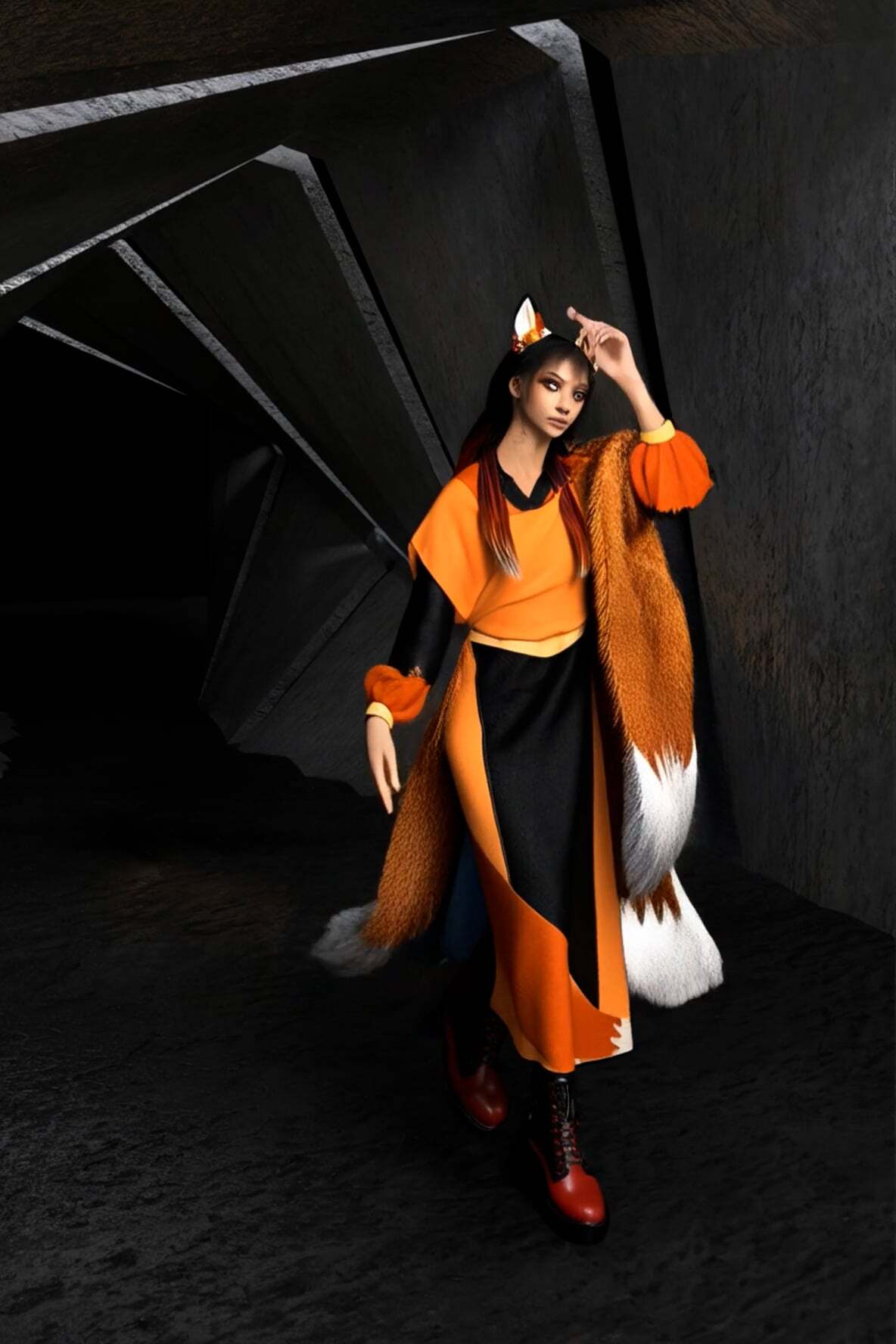 Woman in orange fox costume with fluffy tail and ears poses against dark industrial background with metal stairs.