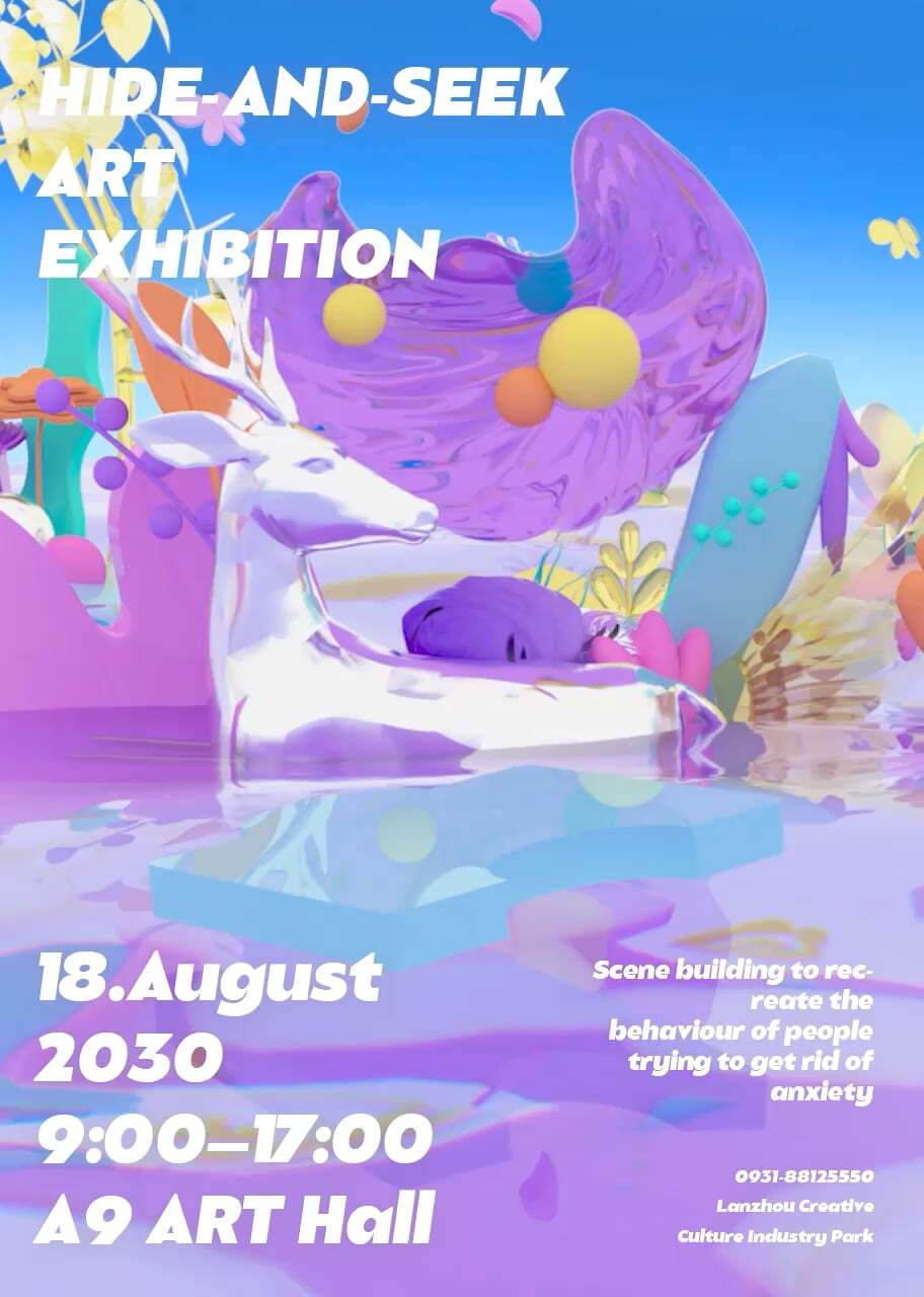 Colourful poster with purple whale, white deer, geometric shapes. Blue gradient background. White text reads "HIDE-AND-SEEK ART EXHIBITION".