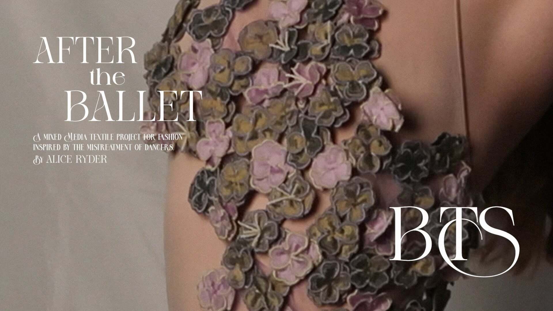 Woman's torso covered in pink and green hydrangea flowers against neutral background with white serif text overlay reading "AFTER the BALLET" and "BTS".
