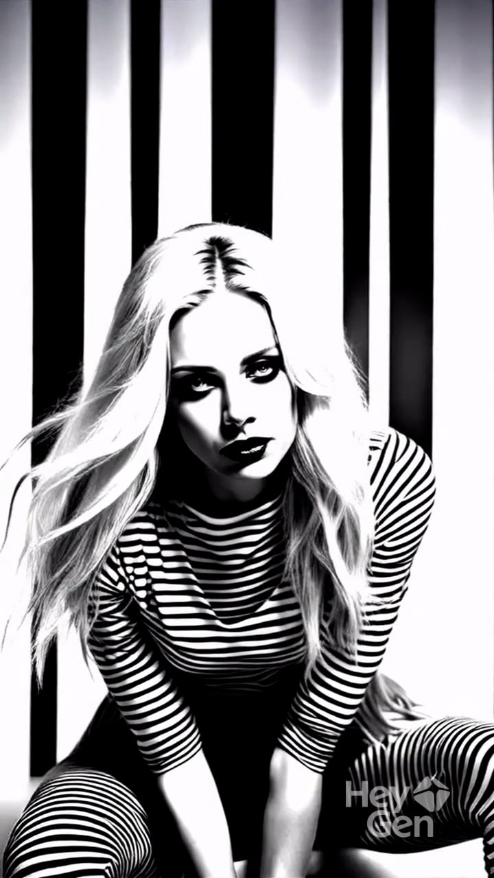 Woman with long hair and striped shirt sat down, black and white, striped background.