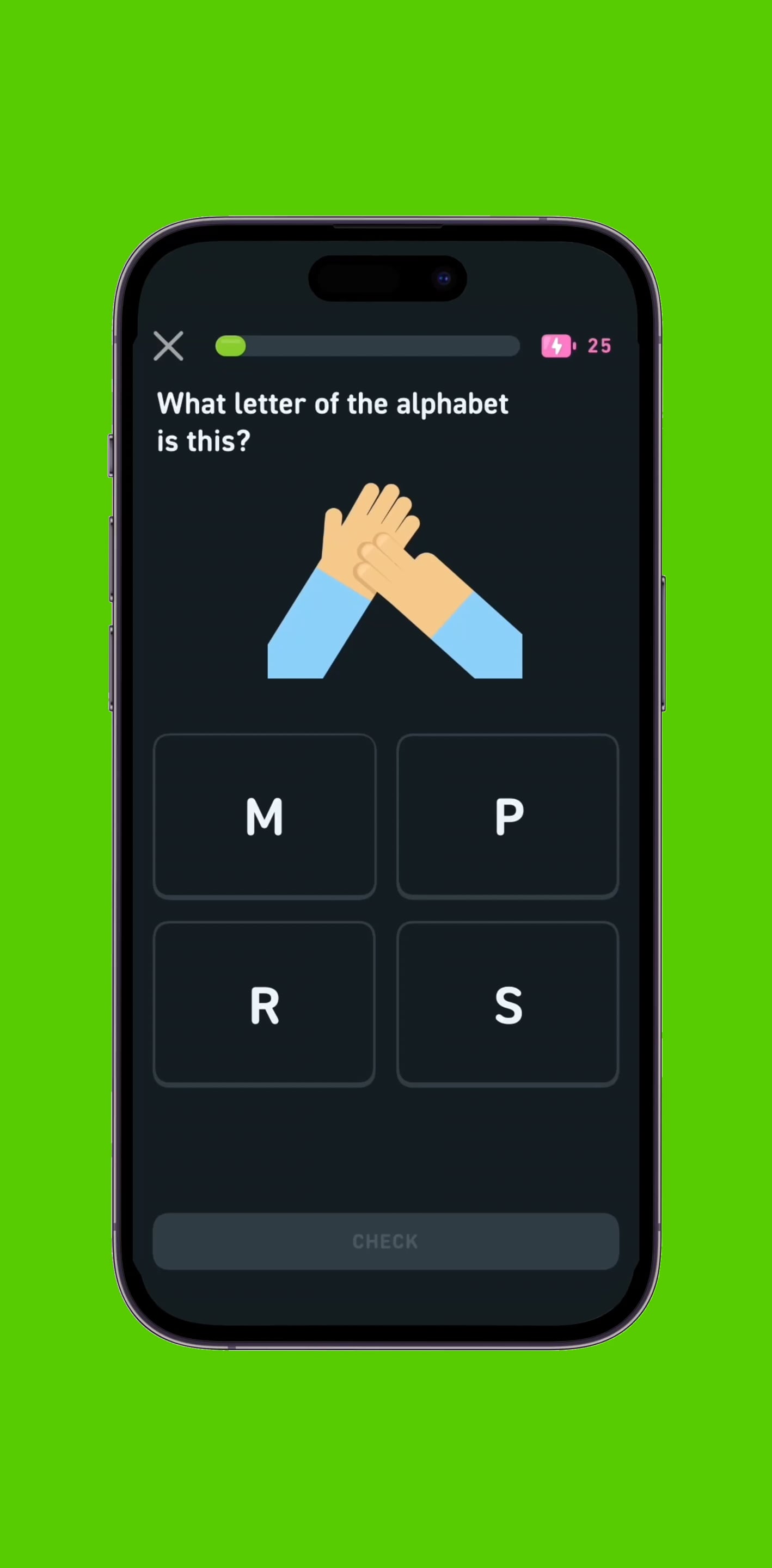 Short video showing Duolingo with a question on sign language, hands on screen with letter options, green background and dark phone UI.