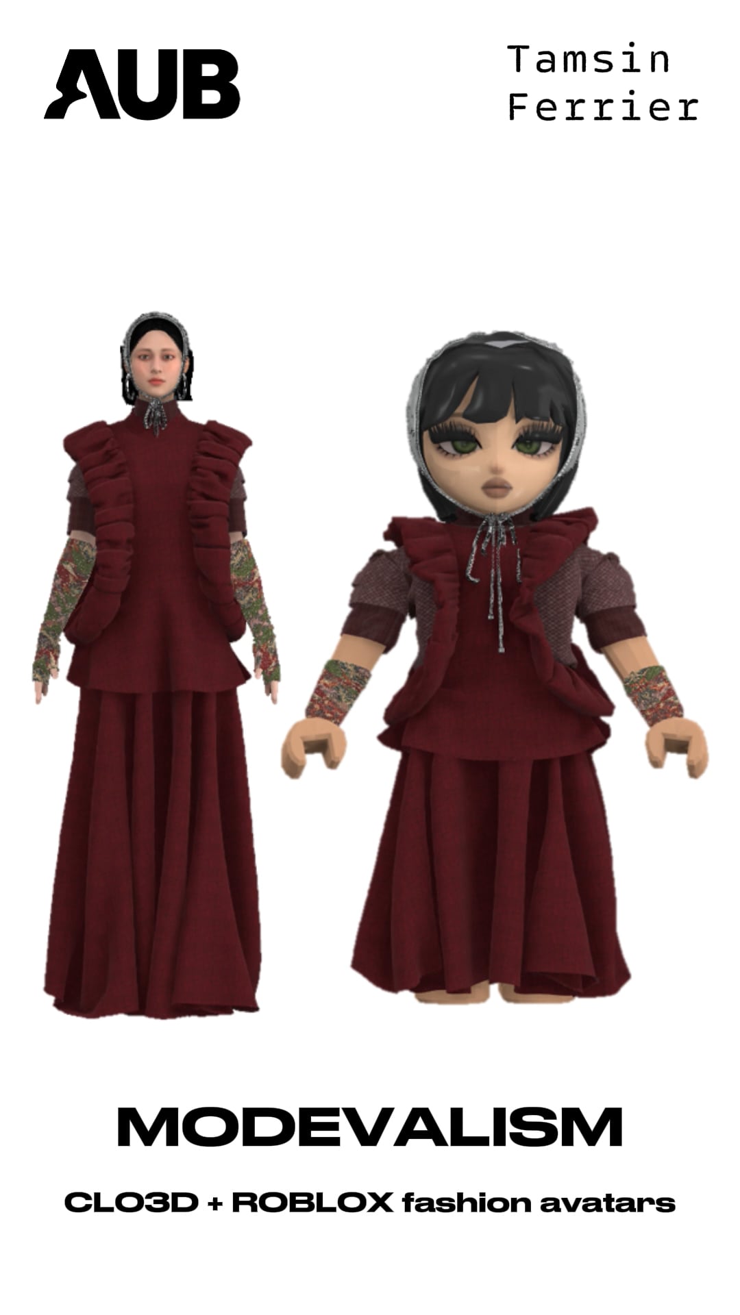 A fashion avatar and matching full-length figure wear a burgundy layered outfit with patterned sleeves, shown on a white background with AUB, Tamsin Ferrier and MODEVALISM text.