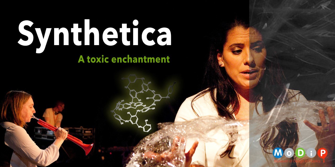 A person plays a bassoon and blows into it. Another person is holding a piece of synthetic plastic in their hands. The text "Synthetica: A Toxic Enchantment" appears along the top-left.