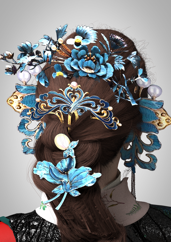 Close up of the back of a digital model's head. They are wearing an elaborate blue floral-inspired headdress.