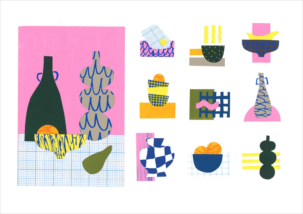 Illustrations of various kitchen items including table cloths, vases, fruit bowls and oven gloves.