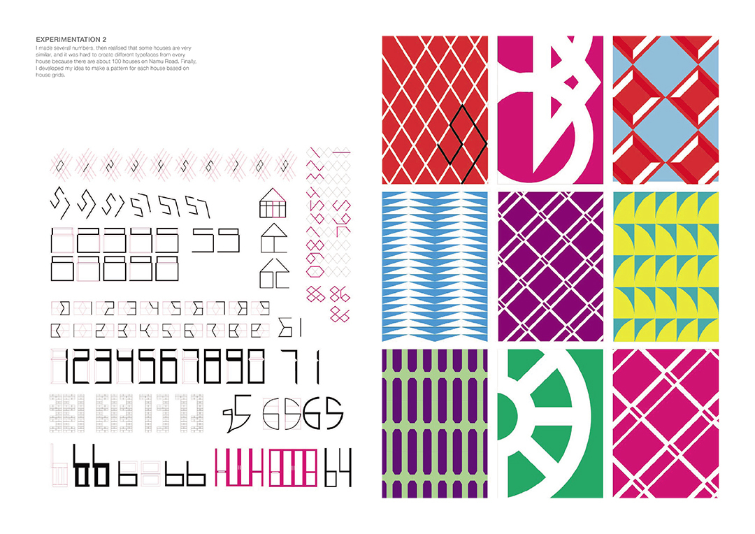 A series of number samples on a left-hand page, and nine abstract images on the right-hand side.