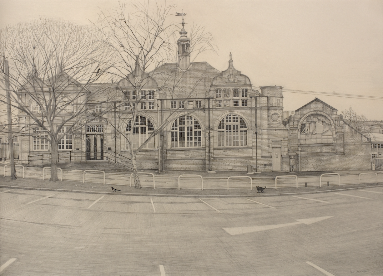 A hyper-realistic drawing of the exterior of a building from a distance.