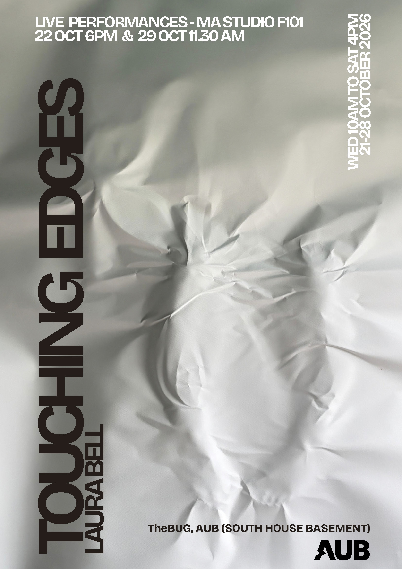 A poster with the title 'Touching Edges' in large vertical text, showing a white crumpled circular form on a pale background and event details for live performances at AUB.