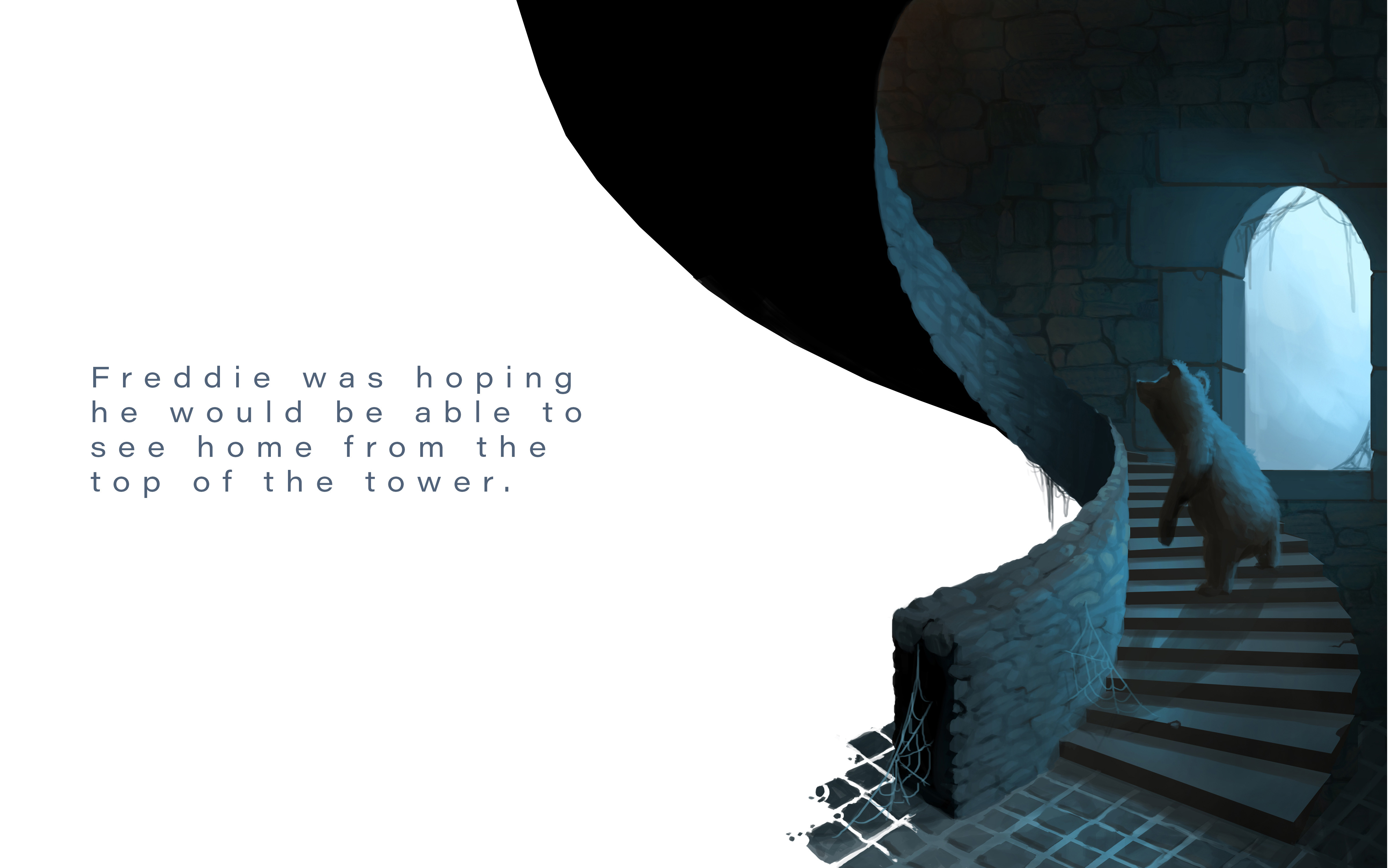 An illustration of a bear walking up the steps of a tower with an arch-shaped window on the right. Text appearing on the left reads, "Freddie was hoping he would be able to see home from the top of the tower."