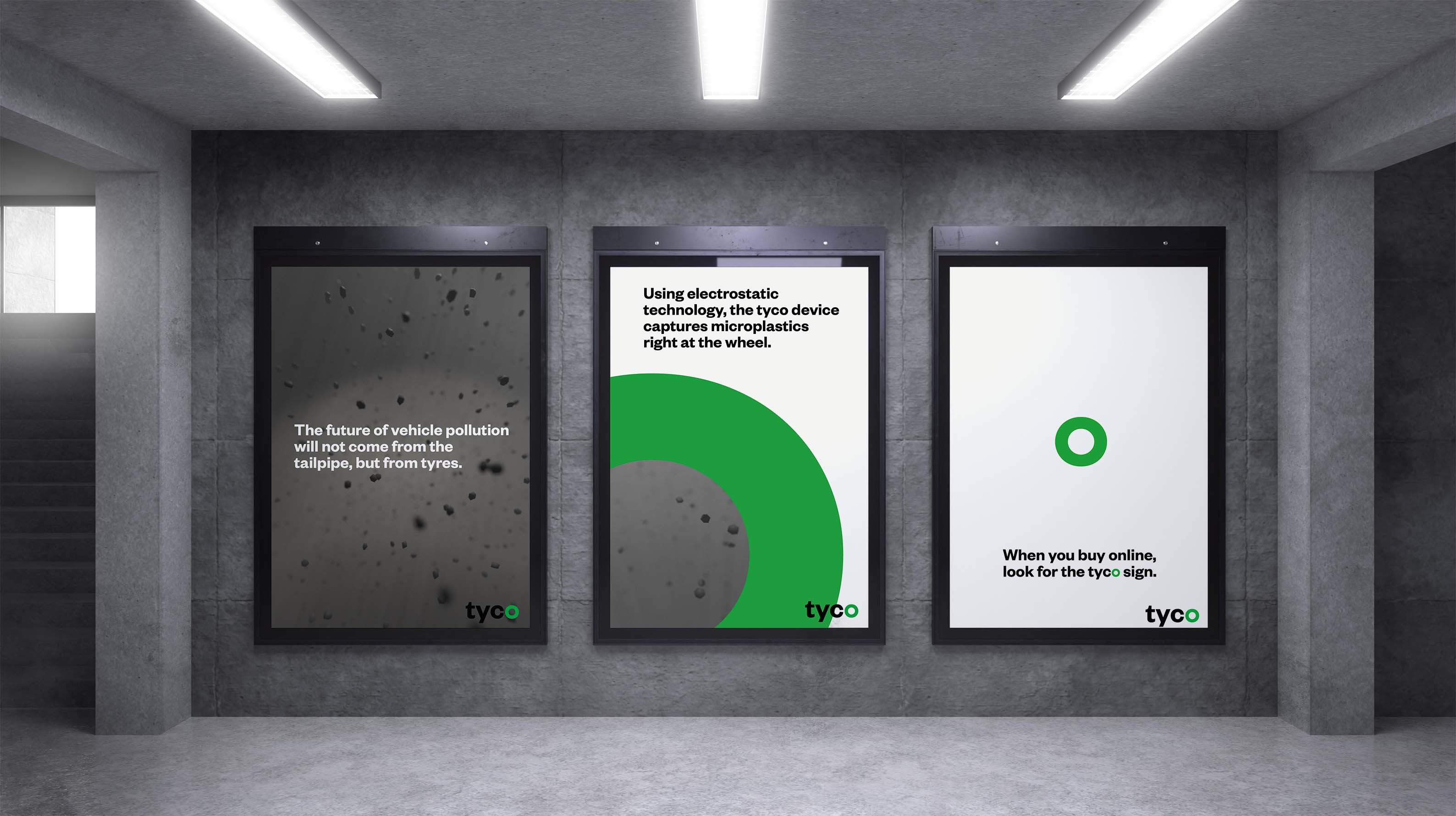 Three billboard advert renders in an underground setting.
