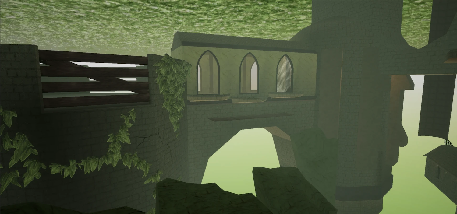 An architectural structure featuring a stone bridge that connects two sections, with arched windows on one side. Green foliage grows along the edges, and the background has a muted green hue, creating an abstract environment.