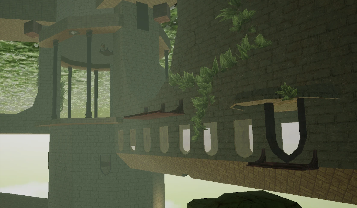 A digitally rendered scene depicting an architectural structure with layered walls and balconies. Green foliage grows along the surfaces, and there are large open spaces with beams of light illuminating the area from above.
