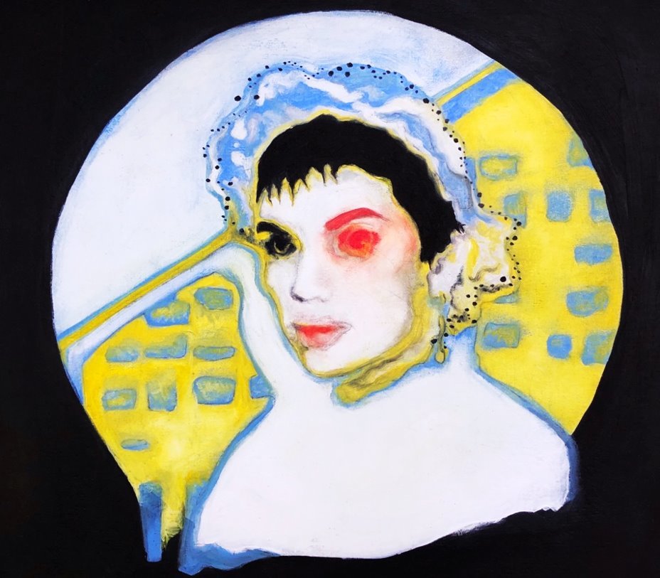A painting of a person with black, white and red features, with a blue and yellow background in a circle
