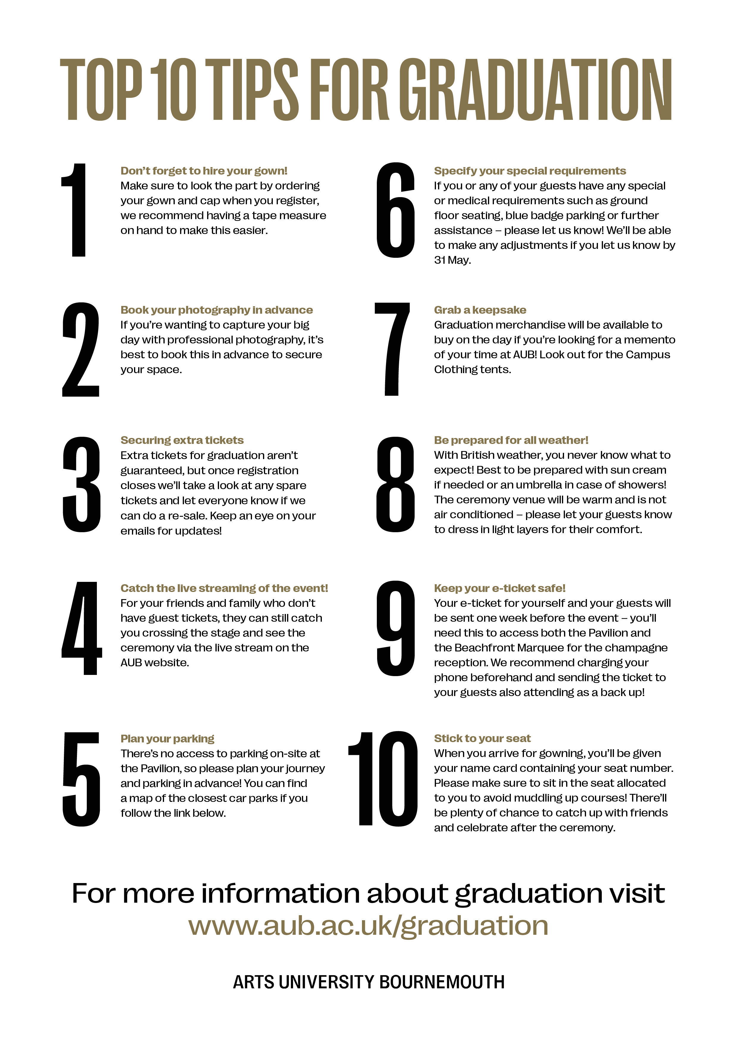 White poster with Top 10 Tips for Graduation, numbered points.