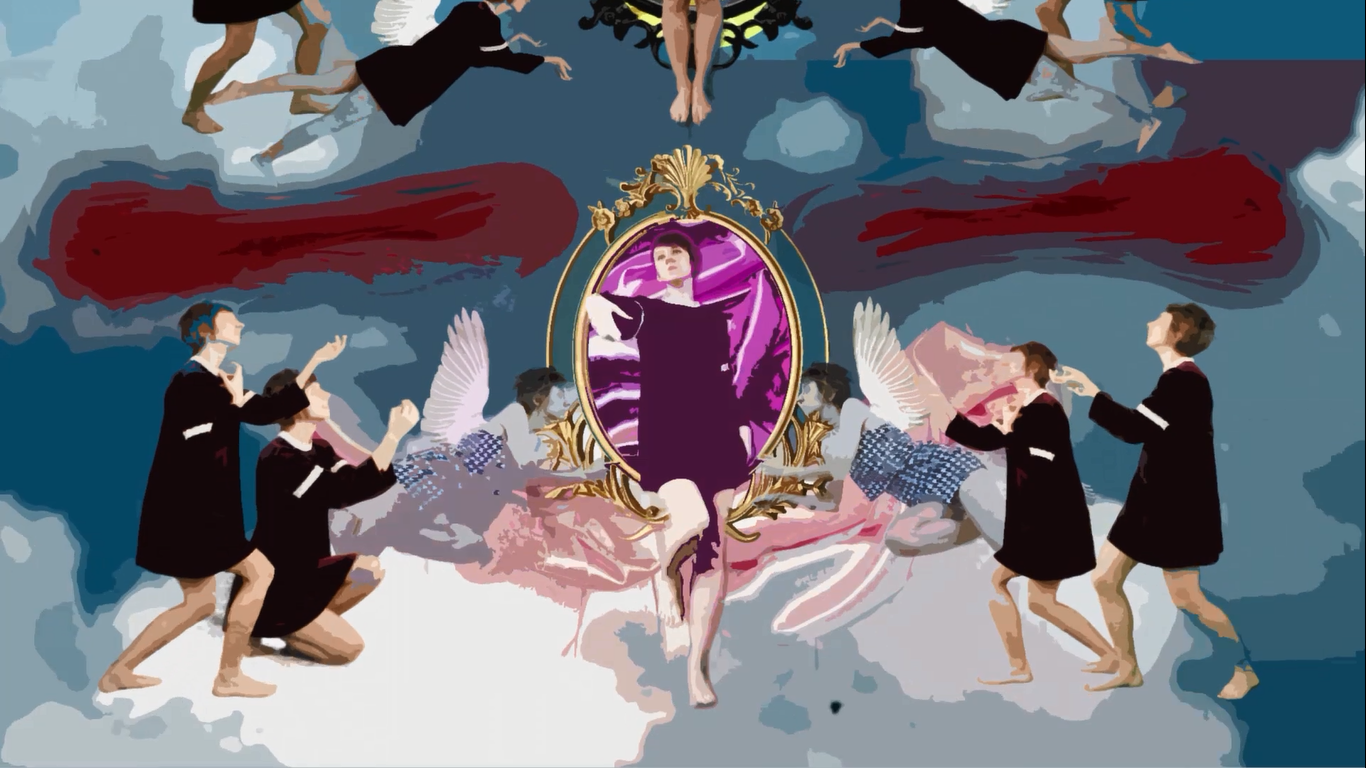 A person walks out of a golden oval frame in the middle of a heaven-style scene. An angel sits either side, and four other people approach from both sides.