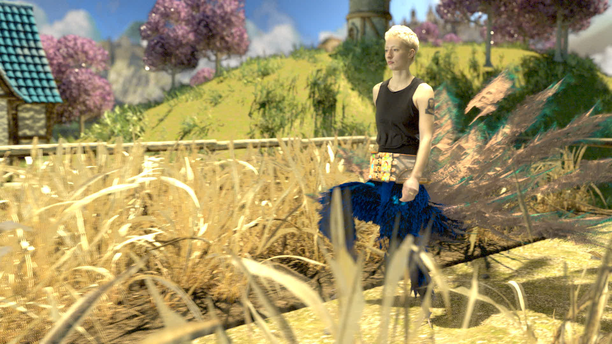 Computer generated image of a person walking through a path lined with wheat, with farmland in the background.