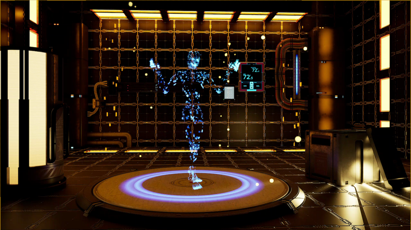 A computer-generated human figure made up of pixels stands in the middle of a dimly lit studio space.