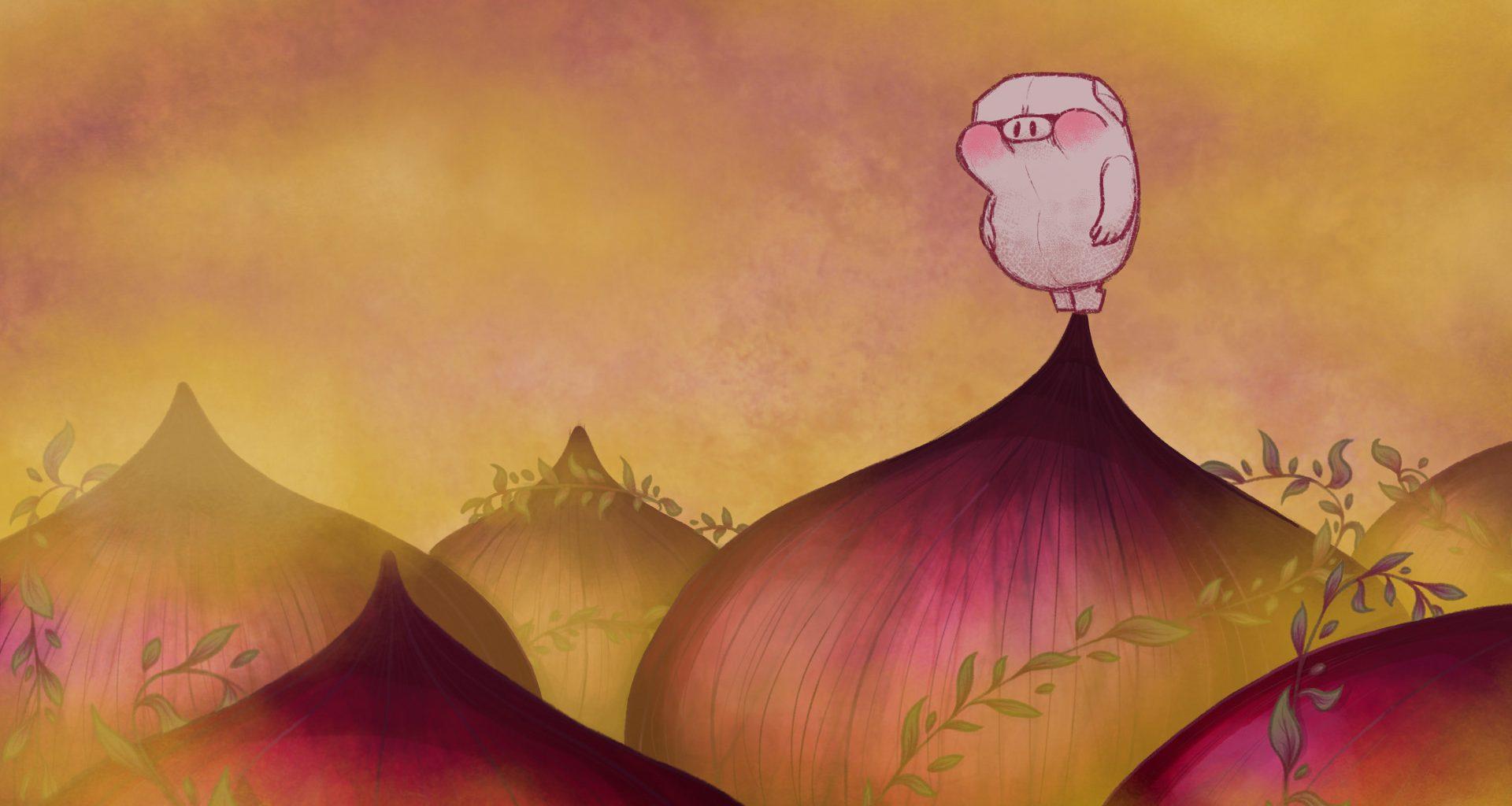 Illustration of a pig standing on the stalk of a giant onion. Other onions surround them.