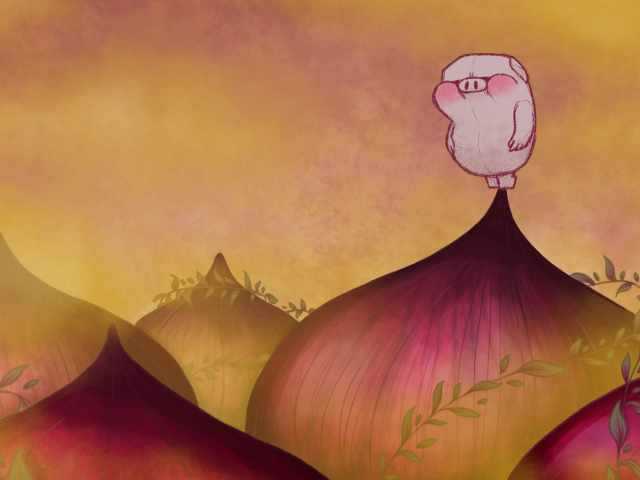 Illustration of a pig standing on the stalk of a giant onion, in a field of other giant onions.