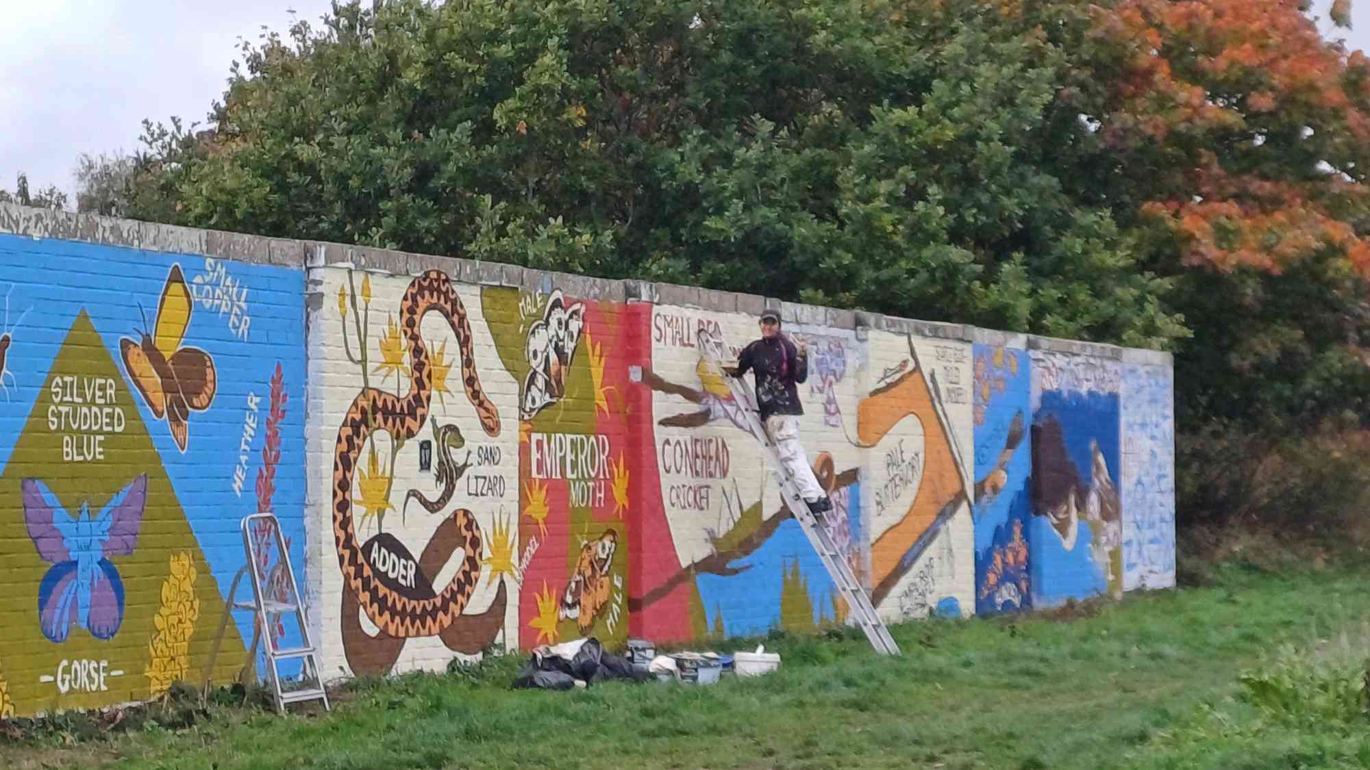 Colourful mural on concrete wall featuring bright blues, reds, yellows and greens with various abstract shapes and text elements.