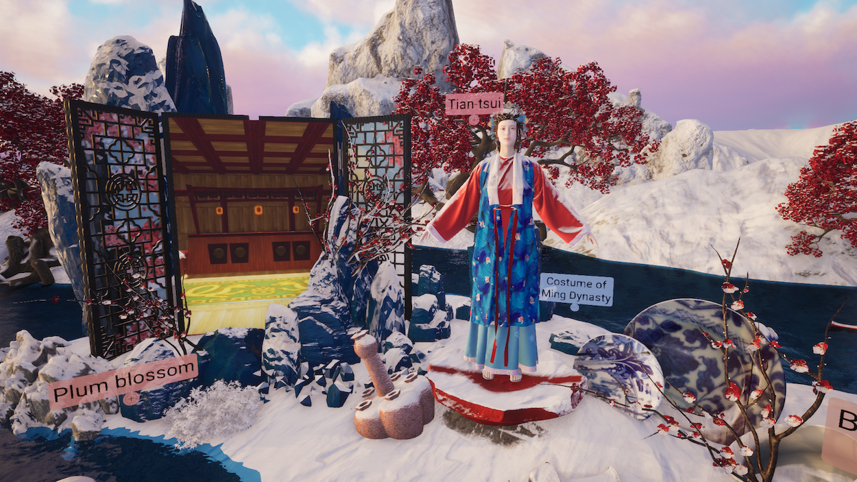 Digital software interface showing a digital model in Chinese-style costume, standing in a digital winter garden with snow, rocks and red-leaved trees surrounding.