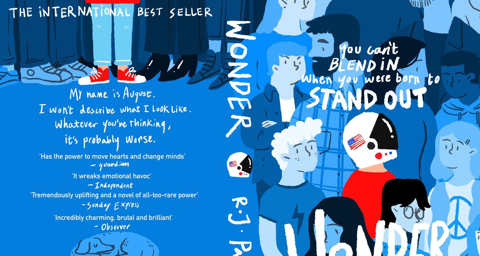 Back and front covers for a book titled 'Wonder'. Front cover shows an illustrated crowd of people including one wearing a space helmet. Back cover shows several illustrated legs and shoes, with text underneath.