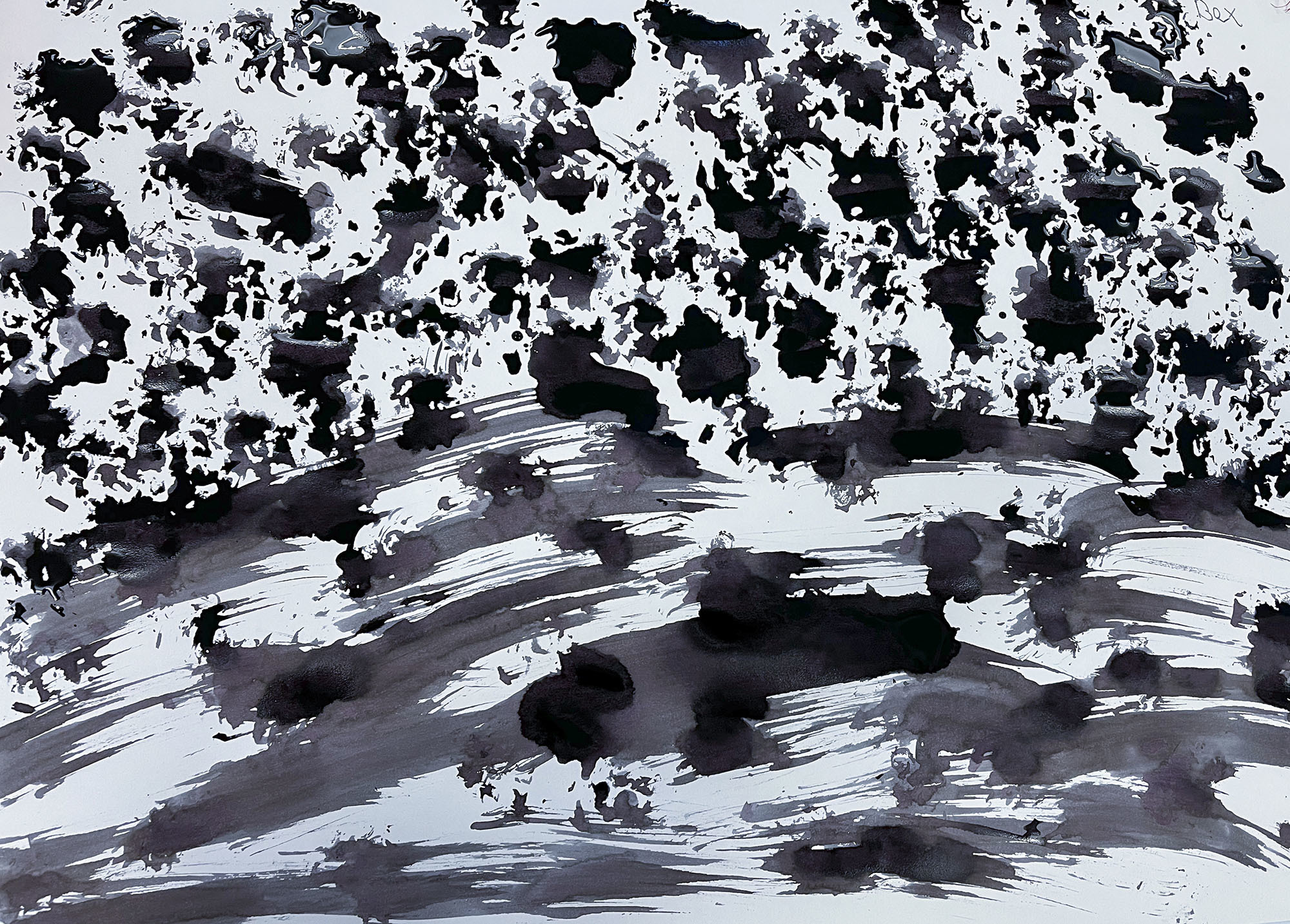 A series of blots and brush strokes made in black and grey paint