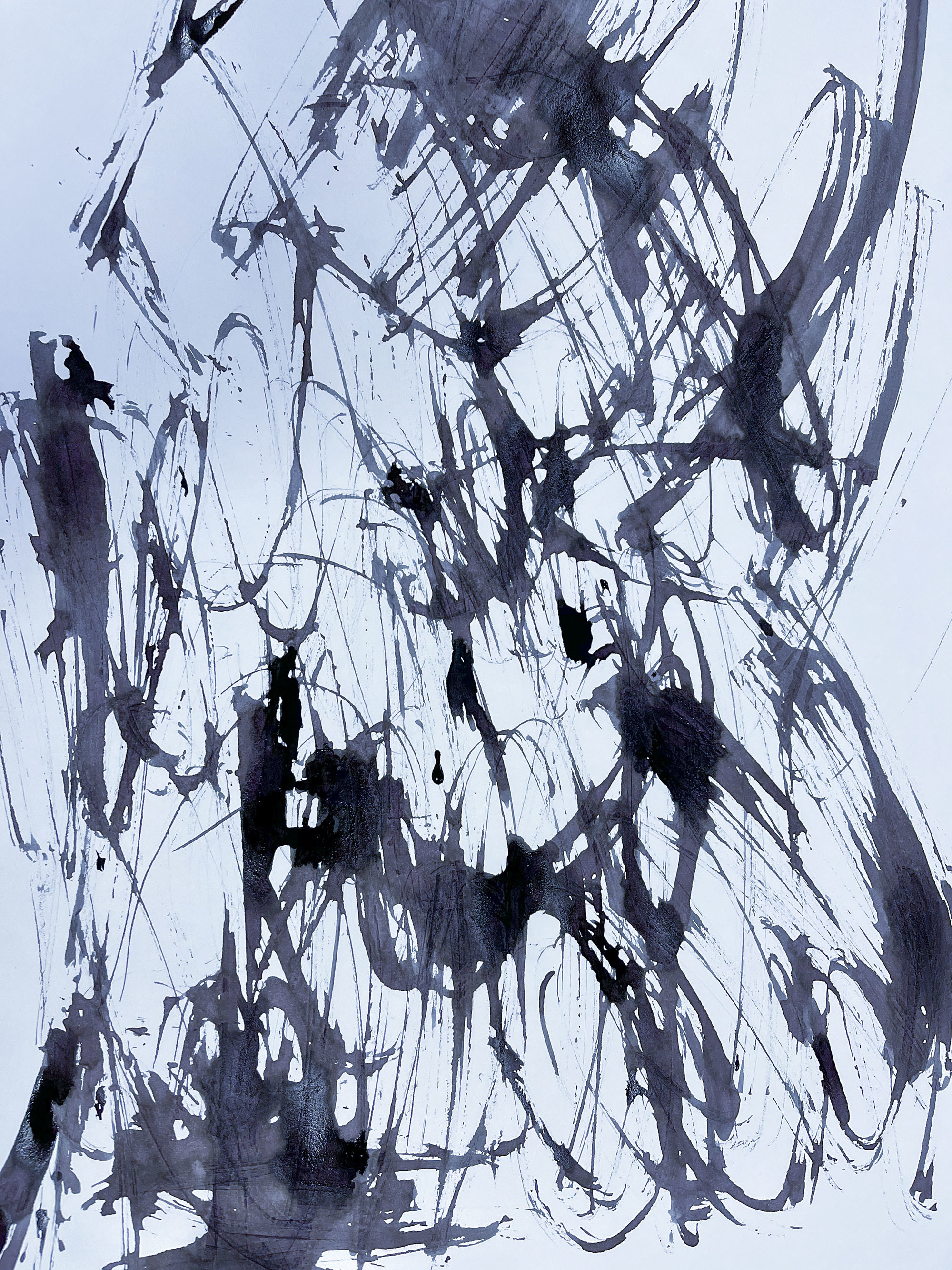 A series of long and swirling brush strokes in black and grey paint