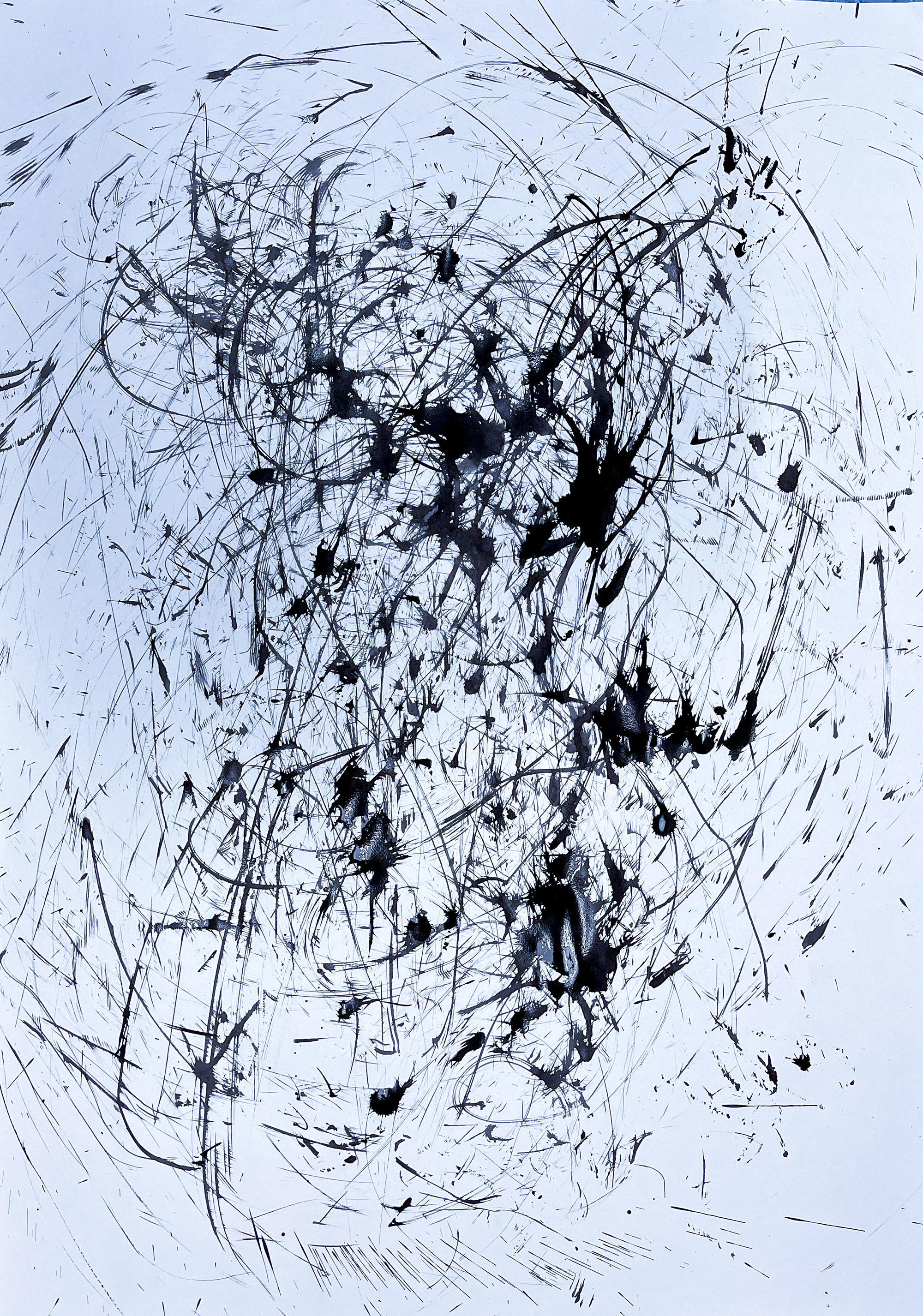 A series of black paint strokes in the centre of a canvas