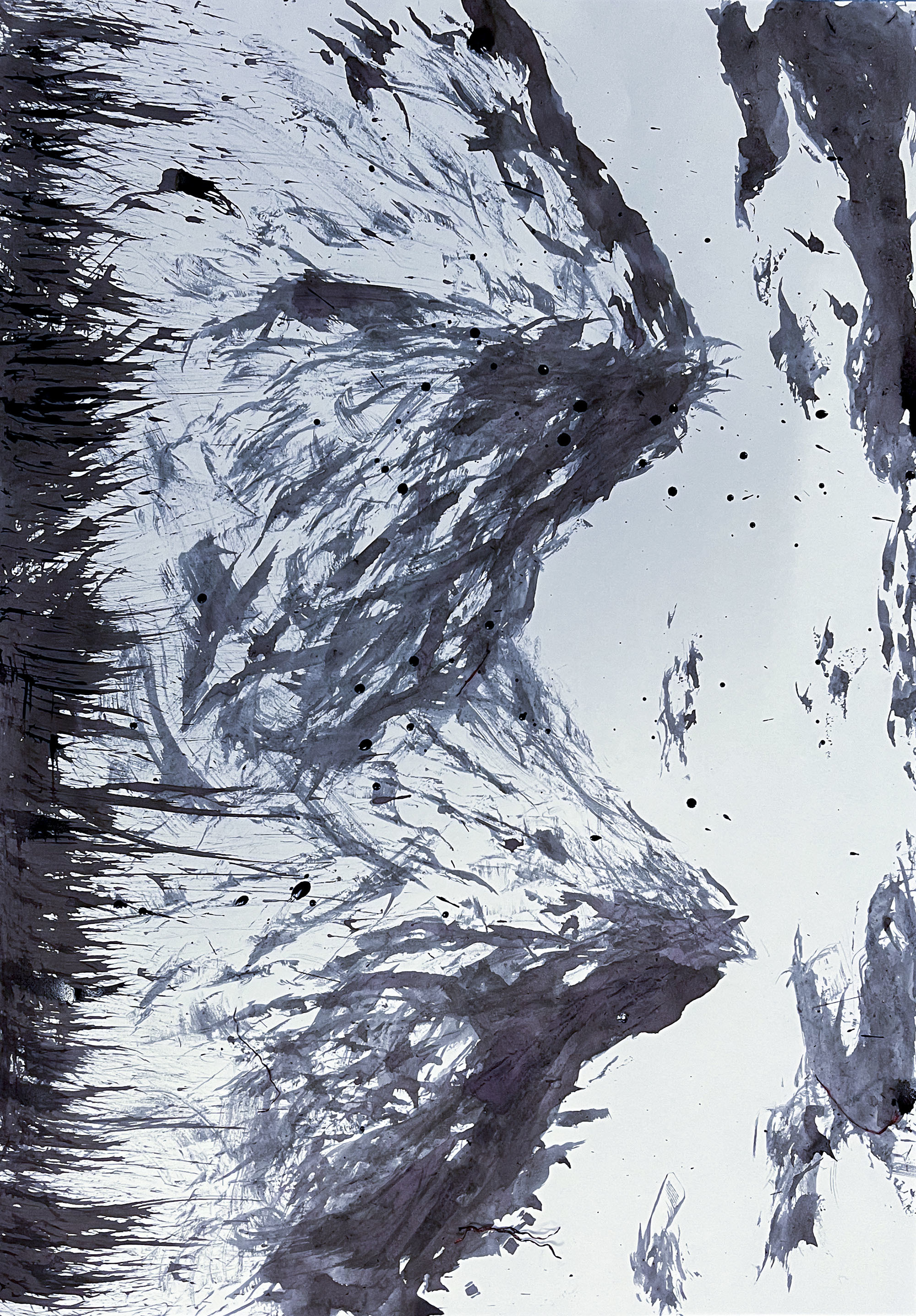 Painting depicting the side view of two mountain like structures