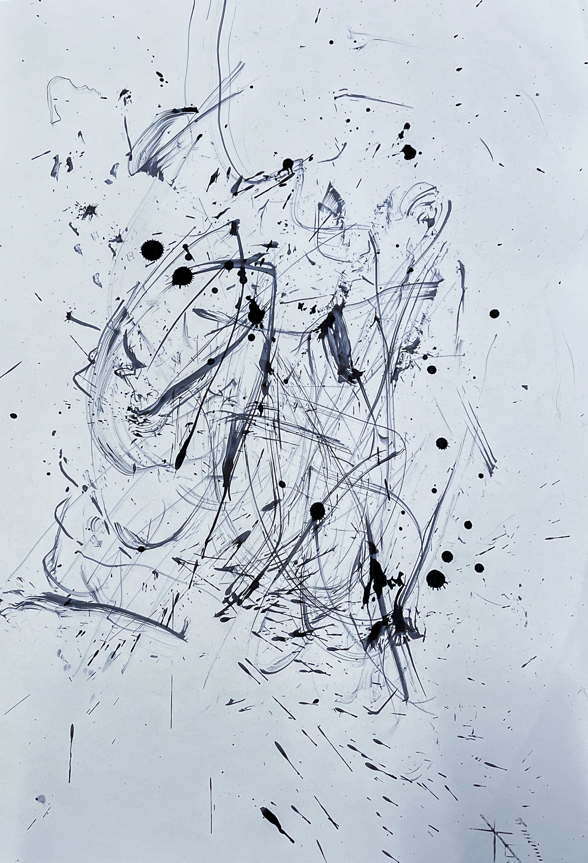 Thin black painted stokes forming a mass of lines and dots