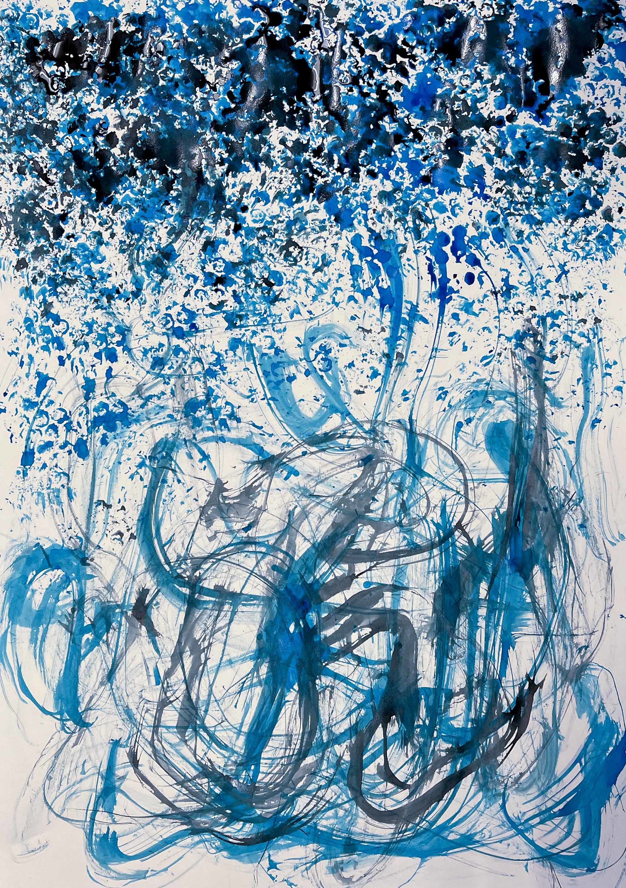 Mixture of brush strokes of blue and black paint covering a whole canvas