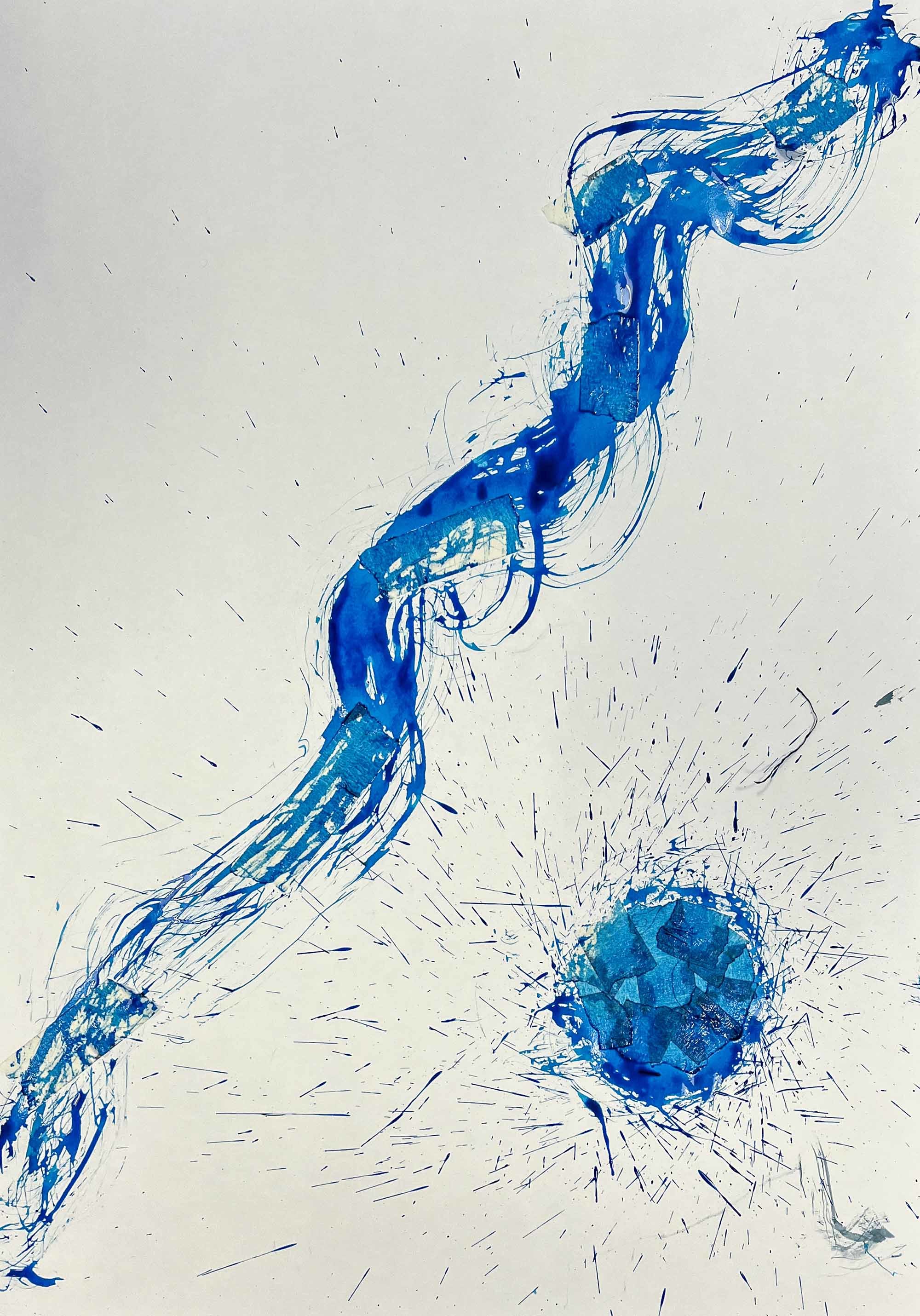 Blue gem like shape painted on canvas with a flow of blue streaked paint coming across the page