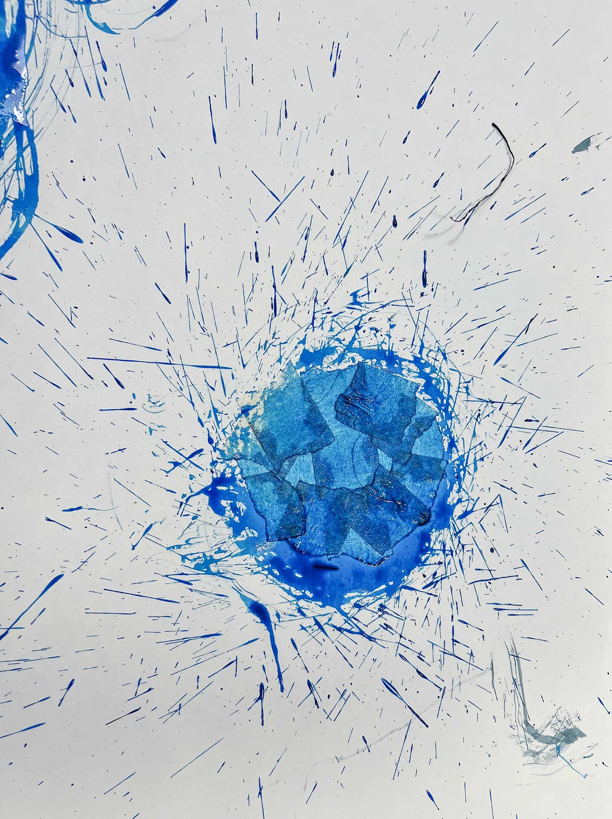 Close up of blue gem like shape painted on canvas
