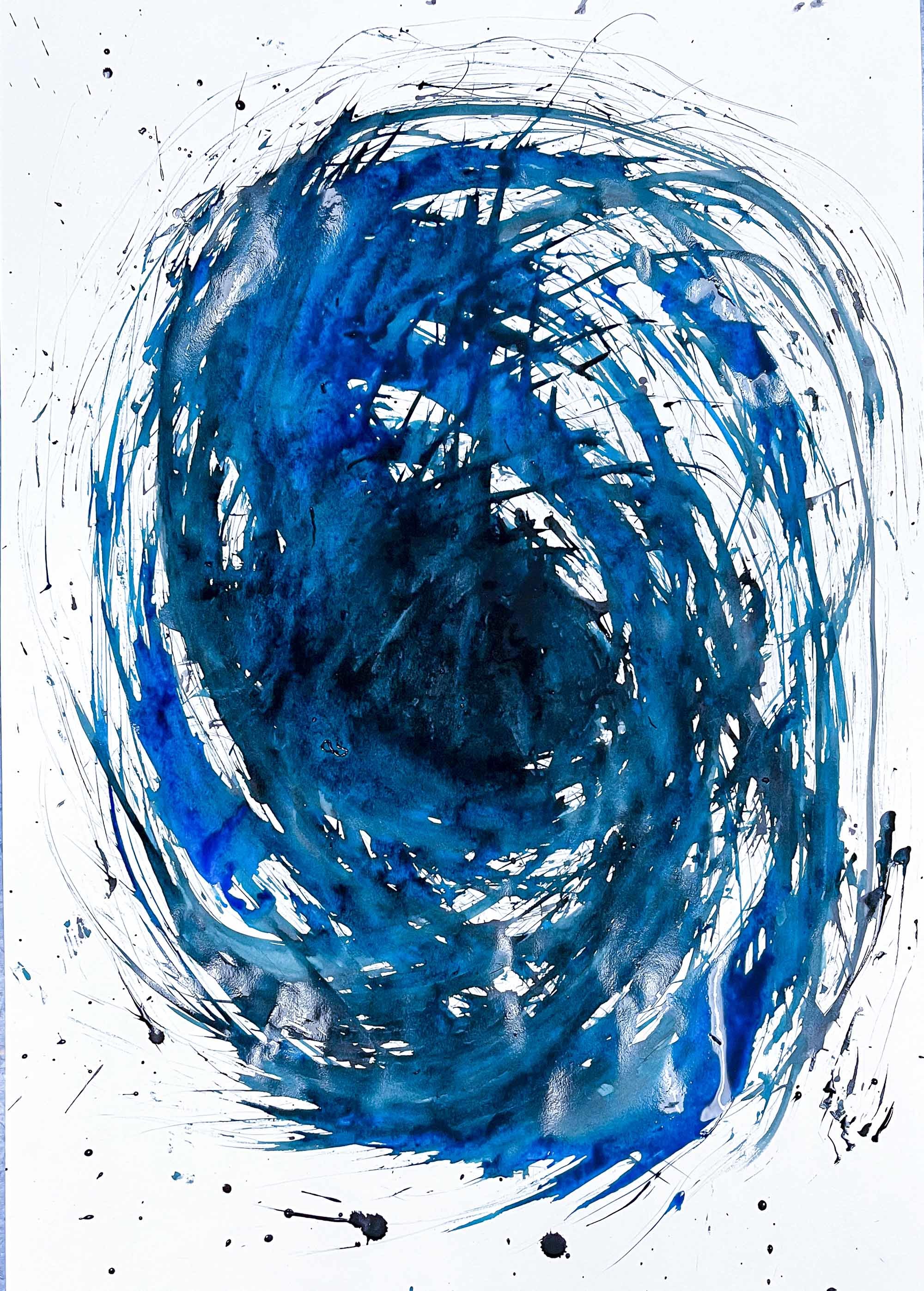 Swirly blue shape painted on canvas