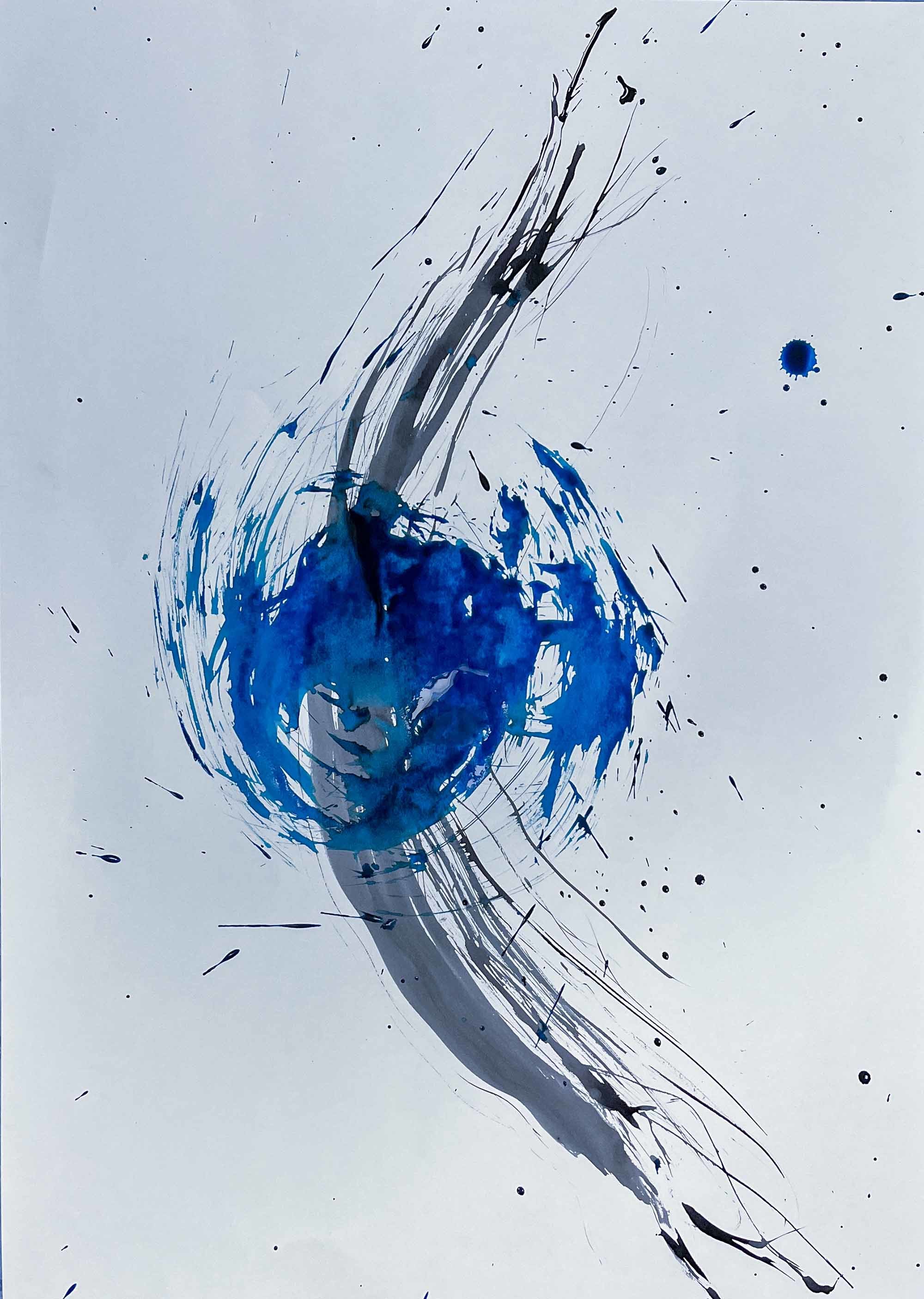 Blue swirly paint with black paint strokes going through it