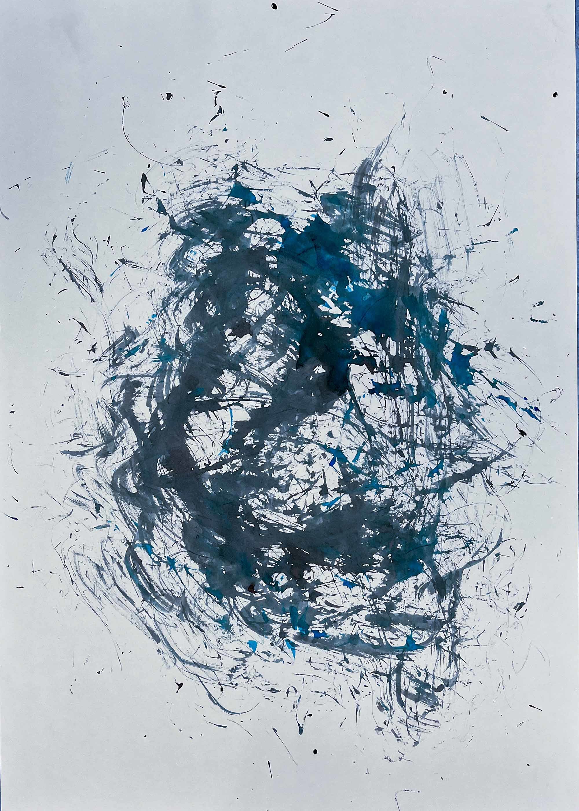 Splat of green, grey and blue paint on canvas