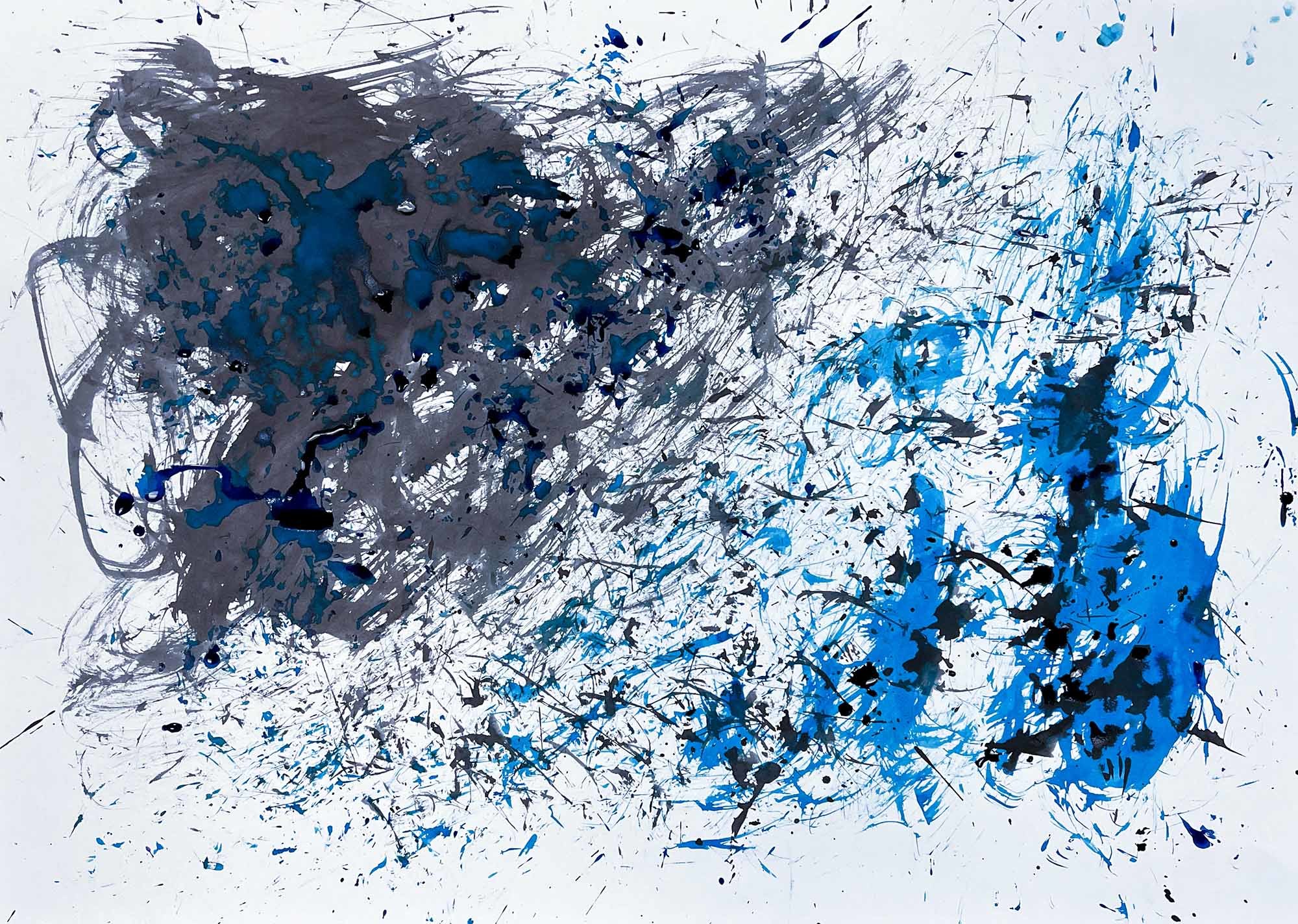 Multiple colours, mainly dark blue and grey on the left and blue and black on the right.