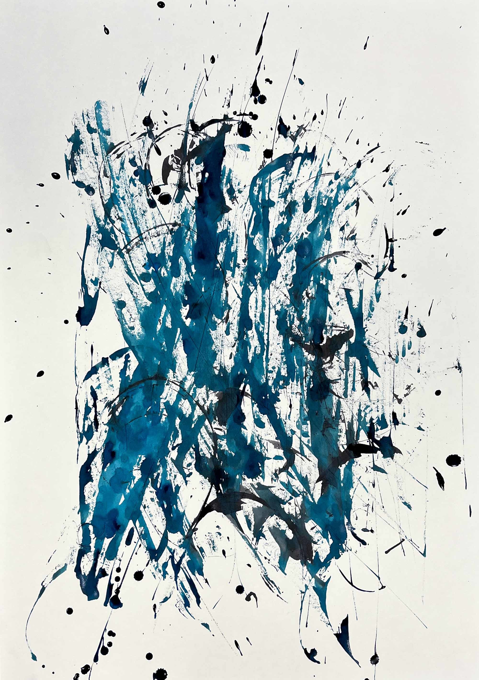 Multiple colours, mainly blue, green and blue splattered on canvas