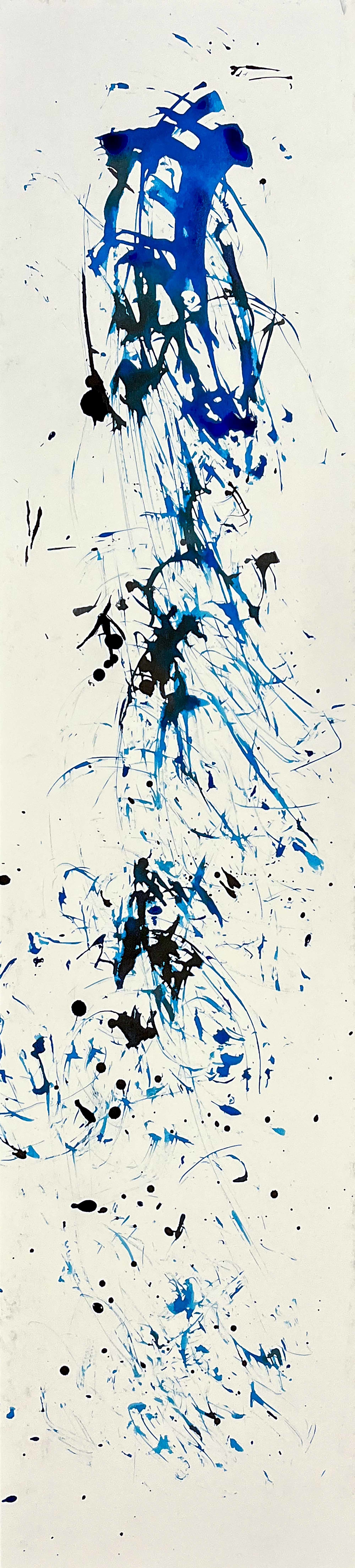 Long strip of canvas with thin strokes of mainly blue, green and blue paint
