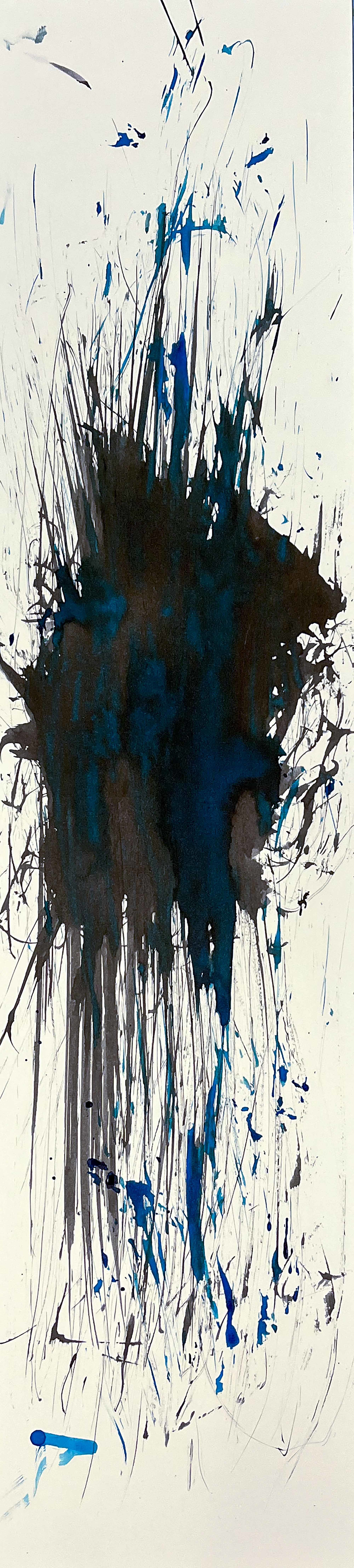 Long strip of canvas with Multiple colours, primarily black and blue in the centre