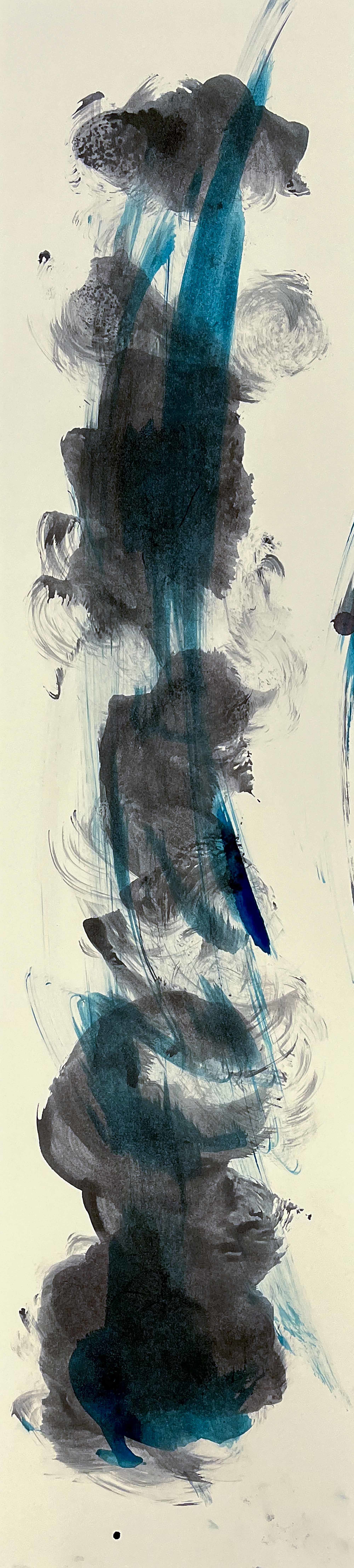 Long strip of canvas with multiple colours, mainly blue, green and blue paint