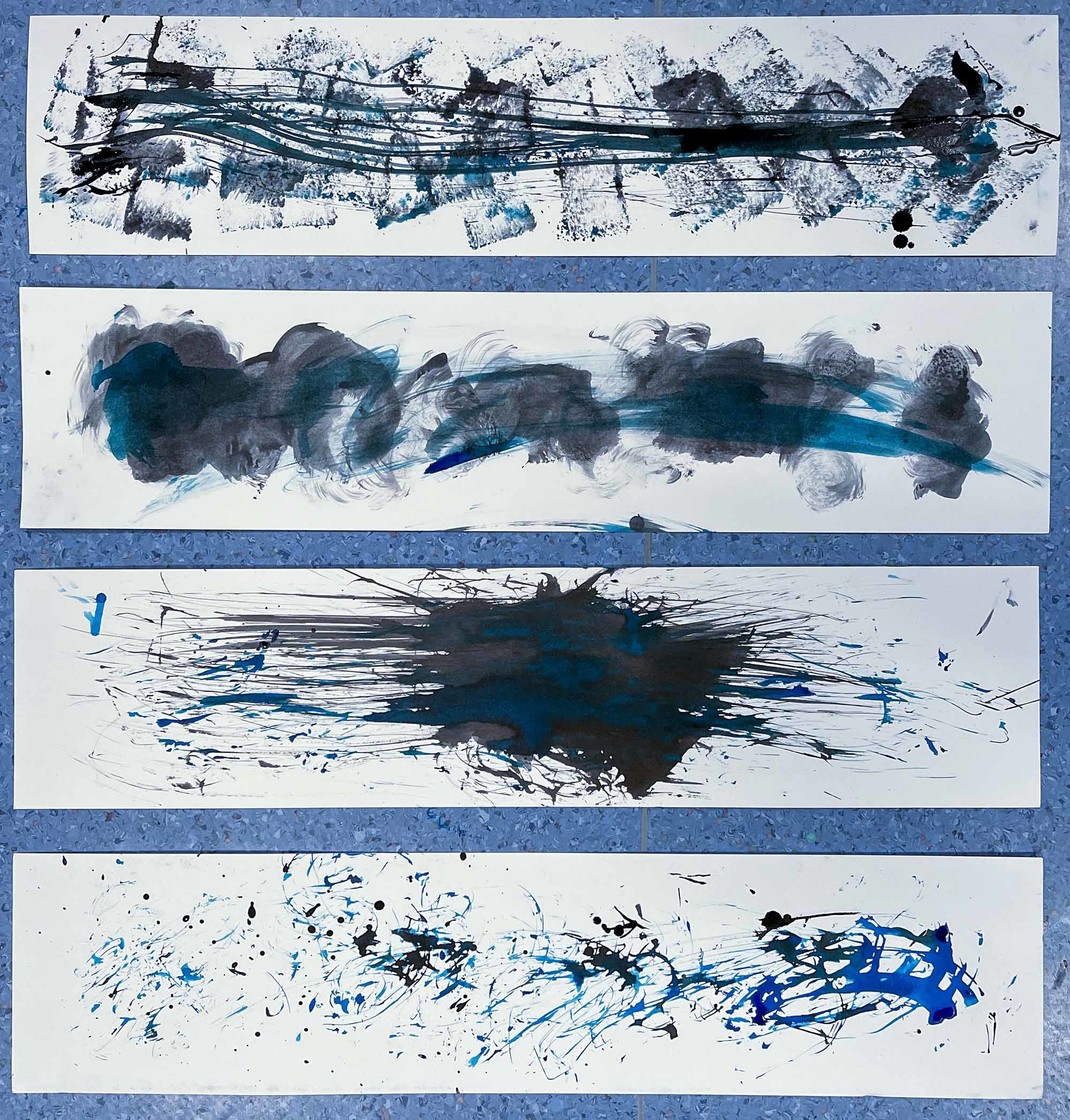 Four long strips of canvas with Multiple colours, mainly blue, green and blue paint