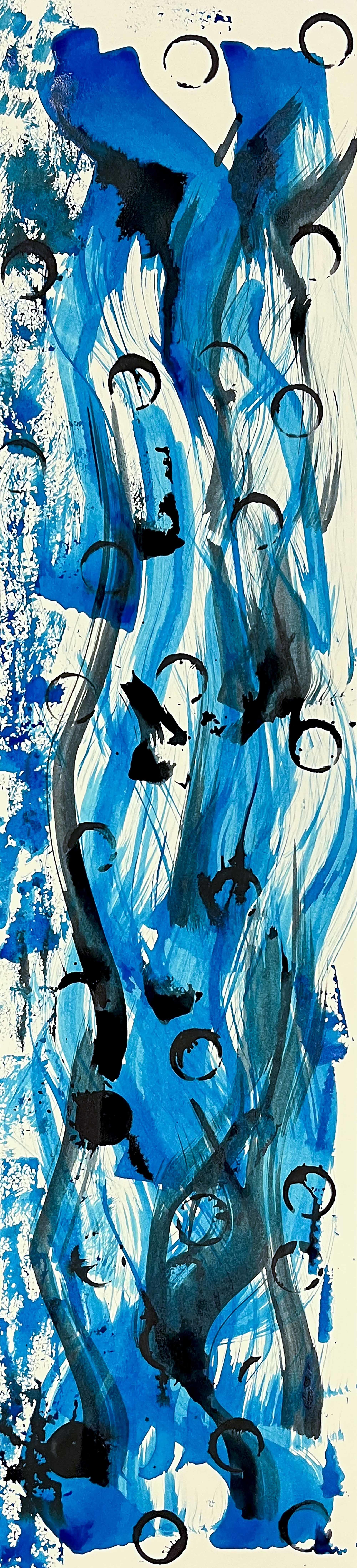 Long strip of canvas with Multiple colours, mainly blue, green and blue paint