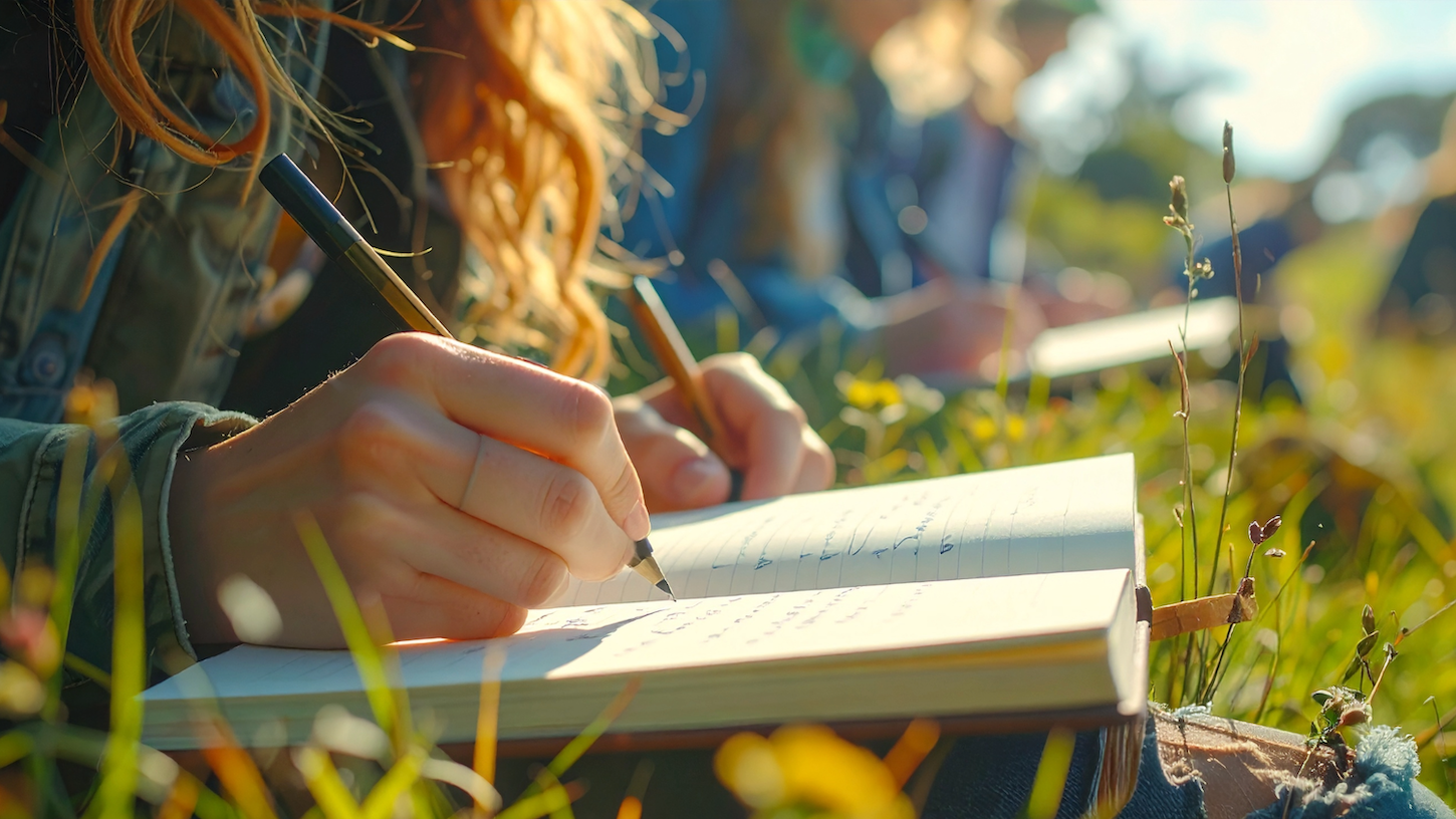 Person with curly hair writing in notebook outdoors, hands holding pen, warm sunlight, blurred green and yellow background